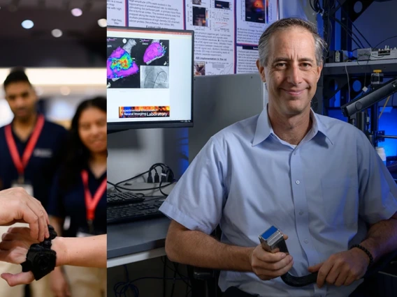 Two images side by side: on the left, a person demonstrates a wearable technology to an interested group in a laboratory environment; on the right, another person holding a microchip smiles at the camera, with sophisticated equipment and scientific imagery in the background.
